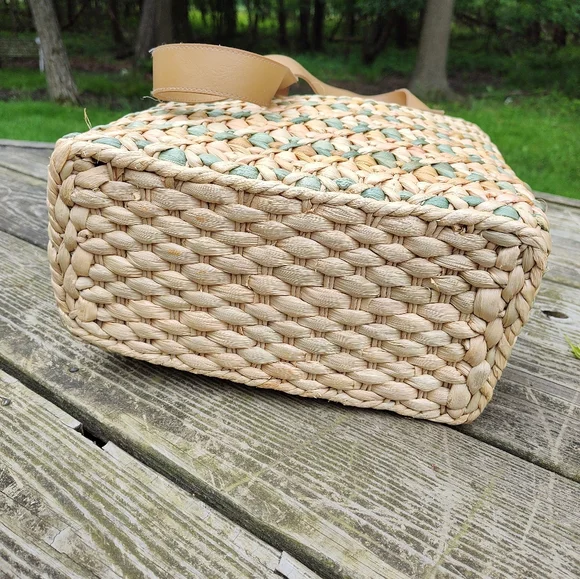 Woven Square Beach Tote Bag Straw Corn Husk Cotton Lined Natural Blue Pink - Picture 3 of 13